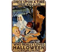 Dodurou Cartel de metal vintage con texto en inglés "Thers was A Girl Who Really Loved Halloween", pintura de hierro, decoración de pared retro, arte nostálgico de pared para el hogar, cocina