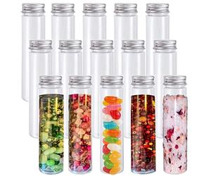 Doengdfo 15 tubos de ensayo planos de plástico transparentes de 110 ml, tubos de ensayo de plástico con tapón de rosca para dulces, judías, decoración de fiestas