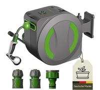 Dönges novaterra® Carrete de manguera de 30 m - Carrete automático de manguera de jardín alimentado por batería con alimentación eléctrica, resistente a la intemperie, caja de manguera para jardín y