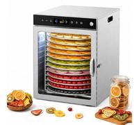 Dörrautomat 12 Ebenen, Edelstahl Dörrgerät mit 360° Rotierenden Einschüben, 800W Digitaler Lebensmitteltrockner, 30-90°C Temperaturregelung & 1-24H Timer für Obst, Fleisch, Kräuter und Gemüse