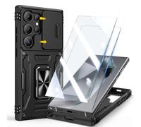 Doeshine Funda para Samsung Galaxy S24 Ultra, Paquete de 2 Protectores de Pantalla, Cubierta de Cámara Deslizante y Soporte de Anillo Magnético, Protección Militar Galaxy S24 Ultra Case Cover (Negro)