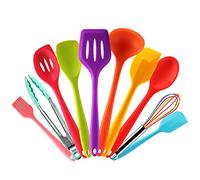 DOETI Set Utensilios de Cocina Silicona de Colores con Espátula,Cuchara,Cucharon,Espumadera,Batidor de Varillas,Pinzas Pincel de Cocina, 10 Piezas Resistente al Calor