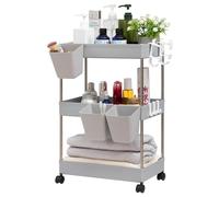 DOEWORKS Carrito de Almacenamiento Carrito Cocina con Tazas Colgantes, Carro de Servicios de 3 Niveles Carro Rodante con Ruedas para Cocina Baño Dormitorio Oficina, Gris