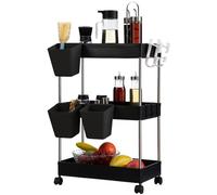 DOEWORKS Carrito de Almacenamiento Carrito Cocina con Tazas Colgantes, Carro de Servicios de 3 Niveles Carro Rodante con Ruedas para Cocina Baño Dormitorio Oficina, Negro