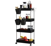 DOEWORKS Carrito de Almacenamiento Carrito Cocina con Tazas Colgantes, Carro de Servicios de 4 Niveles Carro Rodante con Ruedas para Cocina Baño Dormitorio Oficina, Negro
