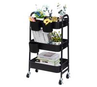 DOEWORKS Carrito de Almacenamiento Metálicos Carrito Cocina con 3 Tazas, Carrito Auxiliar con Ruedas Carro Servicio de 3 Niveles Carro Rodante para Dormitorio Baño Dormitorio Oficina, Negro con Tazas
