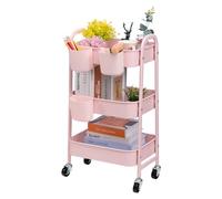 DOEWORKS Carrito de Almacenamiento Metálicos Carrito Cocina con 3 Tazas, Carro Servicio de 3 Niveles Carro Rodante Carrito Auxiliar con Ruedas para Baño Dormitorio Oficina, Rosado con Tazas