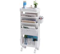 DOEWORKS Estantería Libros con Ruedas Móvil Estantería Carrito Auxiliar 5 Niveles Organizador Escritorio Ruedas Carro Libros Pequeño para Salón Dormitorio Oficina, Blanco con Taza