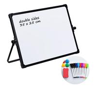 DOEWORKS Pizarra Blanca Magnética 35 x 25cm, Pequeña Pizarra Blanca de Doble, Mini Pizarra Magnética de Borrado en Seco para Hogar Escuela Oficina, con Soporte Negro