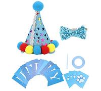 Dog Birthday Hat & Bow Tie Set | Adjustable Soft Pet Party Supplies | Birthday Decorations for Small/Medium Dogs | Washable Polyester Cotton, 3 - Piece Kit (Blue)