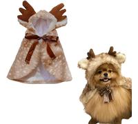 Dog Cat Costume, Puppy Reindeer Cloak Outfit with Elk Antlers Hat, Soft Xmas Cape for Cats Puppy Holiday Cosplay Party Suitable for Small Medium Dog (L)