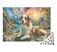 Dog in Landscape 1000Pc Jigsaw Puzzles for Women & Men Australian Shepherd Sunset Scene Impossible Hard Puzzle | Home Activity 38x26cm/1000pcs