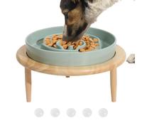 Dog Slow Feeder Bowl, Anti-Slip Ceramic Dog Bowl, 8.07x8.07x5.31 Inch Elevated Wooden Base, Non-Slip Design, Dishwasher Safe, Pet Feeding Station for Puppies