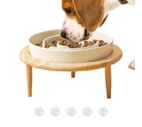 Dog Slow Feeder Bowl - Anti Slip Ceramic Feeding Bowl with Wooden Elevated Base for Dogs and Puppies, Dishwasher Safe Pet Feeding Supplies Indoor Use Relaxing Mealtime. 8.07 Inches