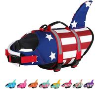 Dogcheer Chaleco salvavidas para perro, tiburón, bandera estadounidense, chaleco salvavidas para nadar en barco, con alta flotabilidad y asa de rescate, chaleco de natación ajustable para cachorros,