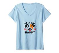 Doggone Happy: Cara de Cachorro juguetona Amante de los Perros Camiseta Cuello V, Mujer, Azul Bebé, S