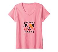 Doggone Happy: Cara de Cachorro juguetona Amante de los Perros Camiseta Cuello V, Mujer, Rosado, M