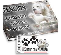 "Dogo Argentino Cuidado con el Perro Cartel Español 15x9,5cm - Diseño Vintage Dibond con Pegatina Coche 20x5cm"