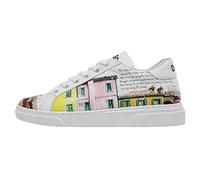 Dogo Femme Cuir Vegan Blanc Baskets - Chaussures de Marche Confortables et Décontractées Faites à la Main, Burano Island Motif