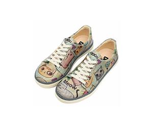 DOGO Femme Cuir Vegan Vert Baskets - Chaussures de Marche Confortables et Décontractées Faites à la Main, Cats of The World Motif