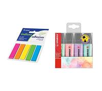 Dohe 75020 - Tacos de índices adhesivos, 12 x 45 mm, 5 blocks x 25 notas + STABILO BOSS Original PASTEL - Marcador - Estuche 4 colores