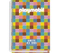 DOHE - Cuaderno A5 Cuadriculado - 100 Hojas Grosor 90 gr/m², Tamaño 16,2x21 cm, Tapa Dura, Cierre Anillas, Cuadrícula 5 mm, Material Escolar - Playmobil Unite As One