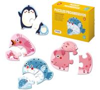 Dohe Educa - Puzzles Progresivos Infantiles - Pack con 4 Puzzles de 2 y 3 Piezas de Cartón, Temática Animales, Rompecabezas para Niños 2 3 Años, Material Educativo