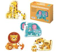 Dohe Educa - Puzzles Progresivos Infantiles - Pack con 4 Puzzles de 6 Piezas de Cartón, Temática Animales, Rompecabezas para Niños 2 3 Años, Material Educativo
