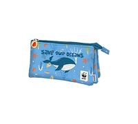 DOHE - Estuche Escolar 3 Compartimentos - Cierre de Cremalleras, Licencia Oficial, Poliéster Resistente, 23x12x2,5 cm, Material Escolar - WWF Save Our Oceans