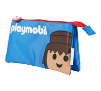 Dohe - Estuche Escolar 3 Compartimentos - Cierre de Cremalleras, Licencia Oficial, Poliéster Resistente, 23x12x2,5 cm, Material escolar - Playmobil Core - Azul