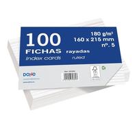 Dohe - Fichas Rayadas de Cartulina (100 uds.) - Tarjetas para Escribir Notas, Tamaño A5 (21,5x16 cm), 180 gr/m², N.º 5, Material de Oficina - Color Blanco
