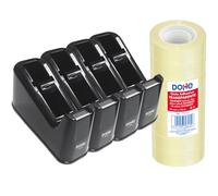 Dohe - Pack 4 Dispensadores Cinta Adhesiva y 8 Cintas (19 mm x 33 m) - Materiales resistentes, Cuchilla de Corte Fácil, Base Antideslizante - Material de oficina - Negro
