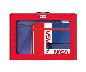 Dohe - Pack Material Escolar - Mochila Ergonómica 17 Litros, Carpeta A4 de anillas con 100 Hojas y Estuche Portatodo Triple - Material escolar - NASA Flag