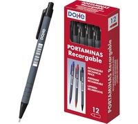 Dohe - Portaminas (12 uds.) - Para Minas de 0.5 mm, Punta Metálica, Cuerpo de Plástico Resistente, Forma Redonda, Suaves y Ergonómicos, Clip de Bolsillo, Material de Oficina - Negro