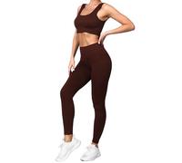 dohomiryo Mujer Conjunto de Ropa de Yoga Gym Mallas de Yoga Sin Costuras y Sujetador Deportivo Elástico 2 Piezas Ropa de Gimnasio Marrón oscuro S