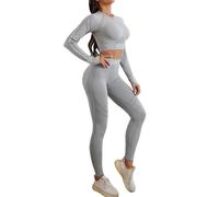 dohomiryo Mujer Conjunto de Ropa de Yoga Manga Larga Top + Polainas 2 Piezas Chandal Gimnasio Fitness Ropa Deportiva Gris L