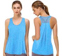 DOINEUFL Camiseta de tirantes deportiva para mujer con espalda de malla, ligera y transpirable, camiseta deportiva para mujer, de secado rápido para Zumba, azul, M-L