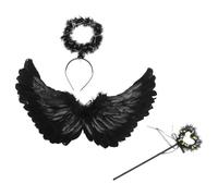 DOITOOL Conjunto Infantil de Disfraz de Ángel Negro Pequeño, Juego de Alas de Plumas Negras, Tocado y Palo de Ángel para Fiesta y Cosplay de Actuación