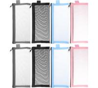 DOITOOL Estuche para Lápices 8 Piezas de Nylon Malla Transparente Cremallera, Organizador Grande Portátil Multicolor (Negro, Gris, Azul, Rosa), Bolsa Resistente para Papelería