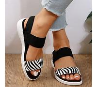 DOIX Sandalias con Tiras Elásticas para Mujer con Estampado de Cebra Sandalias Planas de Suela Blanda de Verano Sandalias de Boca de Pez Zapatos para Caminar,Negro,US6/EU37