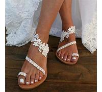 DOIX Sandalias de Verano para Mujer Zapatos de Playa Planos con Flores de Encaje Estilo Bohemio Chanclas de Fiesta de Bodas Romanas Sandalias de Vestir de Tanga Casuales,Blanco,US11/EU42