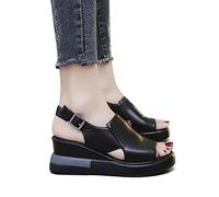 DOIX Sandalias Plataforma Elegantes Punta Abierta Mujer Sandalias Cuña con Correa en Tobillo Verano Elegantes Sandalias Boca de Pescado Zapatos Cuero Antideslizantes,Negro,US7/EU38