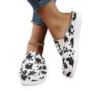 DOIX Zuecos para Caminar Mujer Zapatos de Mula Plana de Verano de Moda 2023 Pantuflas con Punta Cerrada Chanclas Mocasín de Lona Informal Zapatos de Conducción,Cow Print,US7/EU38