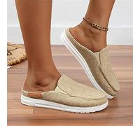 DOIX Zuecos para Caminar Mujer Zapatos de Mula Plana de Verano de Moda 2023 Pantuflas con Punta Cerrada Chanclas Mocasín de Lona Informal Zapatos de Conducción,Beige,US7/EU38