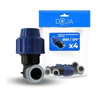 DOJA Barcelona Codo Compresion Hembra PP 90° - Pack 4-20x3/4" - Codo de Unión Tubería de Polietileno MDPE, Rosca Interna, Montaje Sencillo, Robusto, Agua Potable, Ideal para Sistemas de Riego