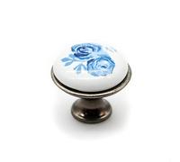 DOJA Barcelona | Pomo Vintage Rosa Azul | Ø26.5x23mm | Pack 4 | Pomos Antiguos de Porcelana y Latón | Decoración para Cocina | Tiradores y Adornos Rústicos para Puertas