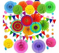 DOJoykey Juego de 21 piezas de decoración para fiestas, abanicos de papel colgantes, flores con pompones, banderines de papel y cuerda de lunares para decoración de bodas y fiestas