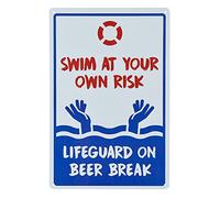 Dojune-Pool Sign - Cartel de metal con texto "No Lifeguard On Duty Swim at Your Own Risk (12 x 10 cm), color rojo, azul sobre blanco, sin óxido