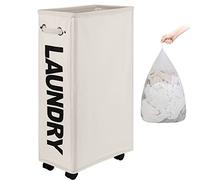 DOKEHOM 29-Inches Enlarged Slim Cesta de Lavandería con Bolsa de Lavado Removible y Ruedas, Cesto de Lavandería Colapsable con Ruedas, Cestos Estrechos Para Almacenamiento de Ropa en Esquina (Beige)