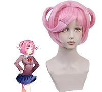 Doki Doki Literature Club Natsuki mujeres rosa peluca corta Cosplay disfraz pelo sintético resistente al calor (sin sombreros) + gorro de peluca Mz-1268